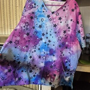 Galaxy Star Print Scrub Top in Pink, Purple & Blue